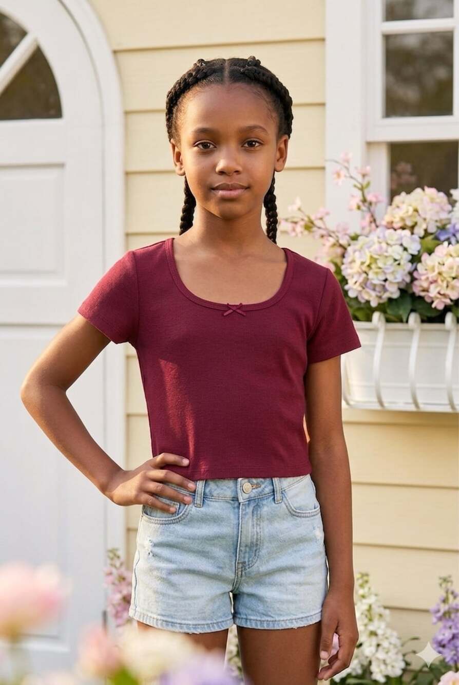 No Boundaries Girls' Maroon Ribbed Short Sleeve Top with Bow, Size XL (16-18)